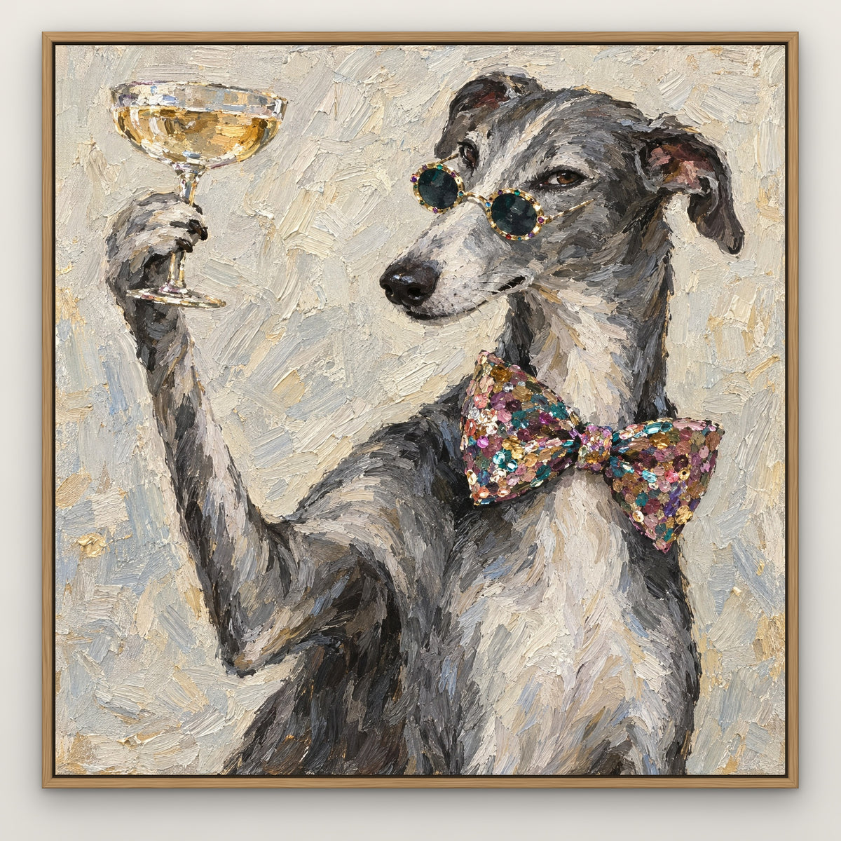 Dapper Hound, grey pop art hand-painted canvas wall art in a slim oak float frame – Gallery 23