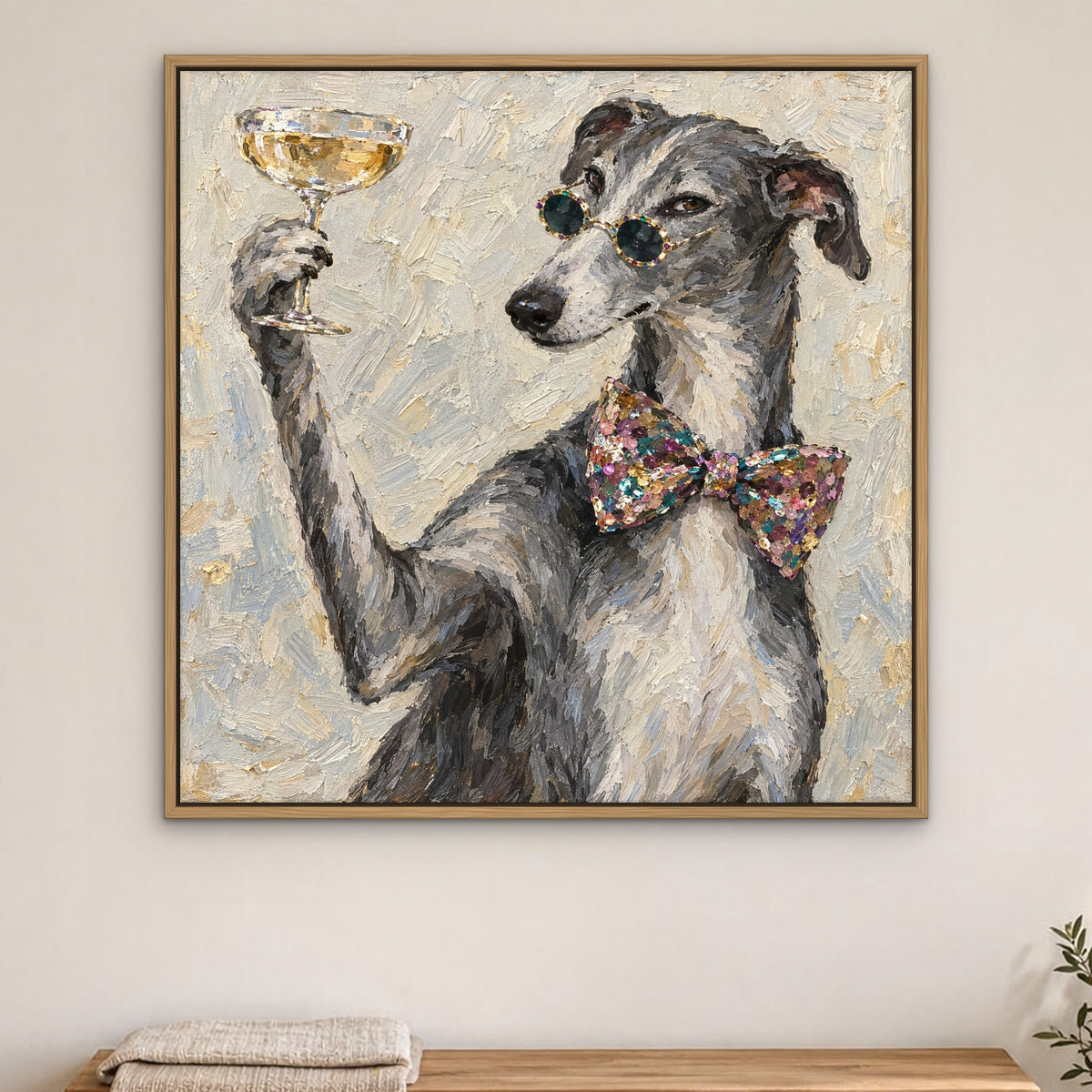Dapper Hound, grey pop art hand-painted canvas wall art in a bedroom – Gallery 23