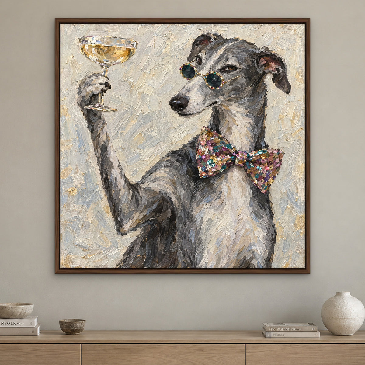 Dapper Hound, grey pop art hand-painted canvas wall art in a living room – Gallery 23