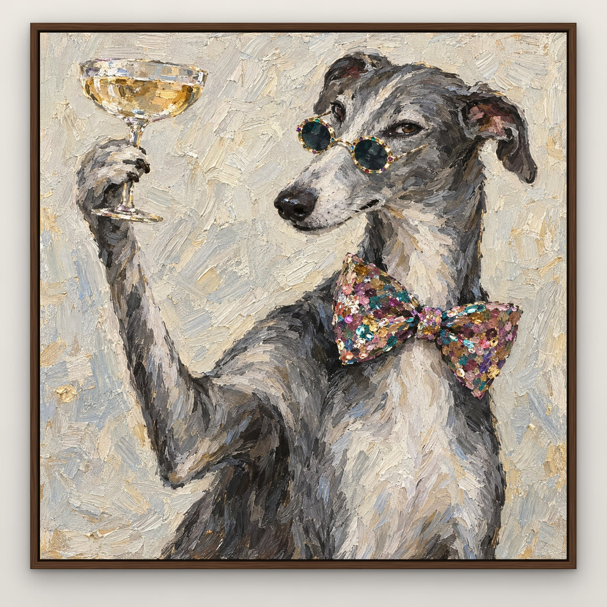 Dapper Hound, grey pop art hand-painted canvas wall art in a slim walnut float frame – Gallery 23