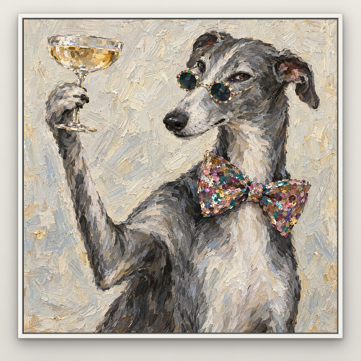 Dapper Hound, grey pop art hand-painted canvas wall art in a slim white float frame – Gallery 23