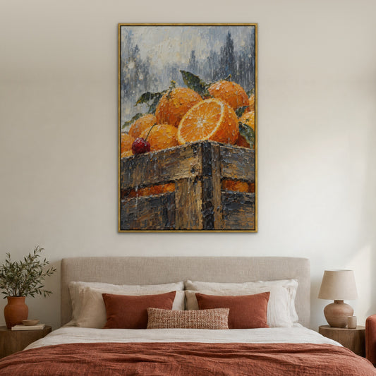 Oranges in the Rain, colourful still life hand-painted canvas wall art in a bedroom – Gallery 23