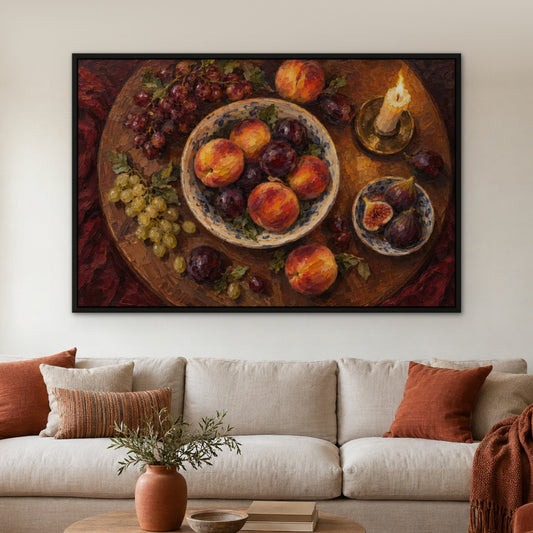 Candlelit Fruit Table, gold still life hand-painted canvas wall art in a living room – Gallery 23