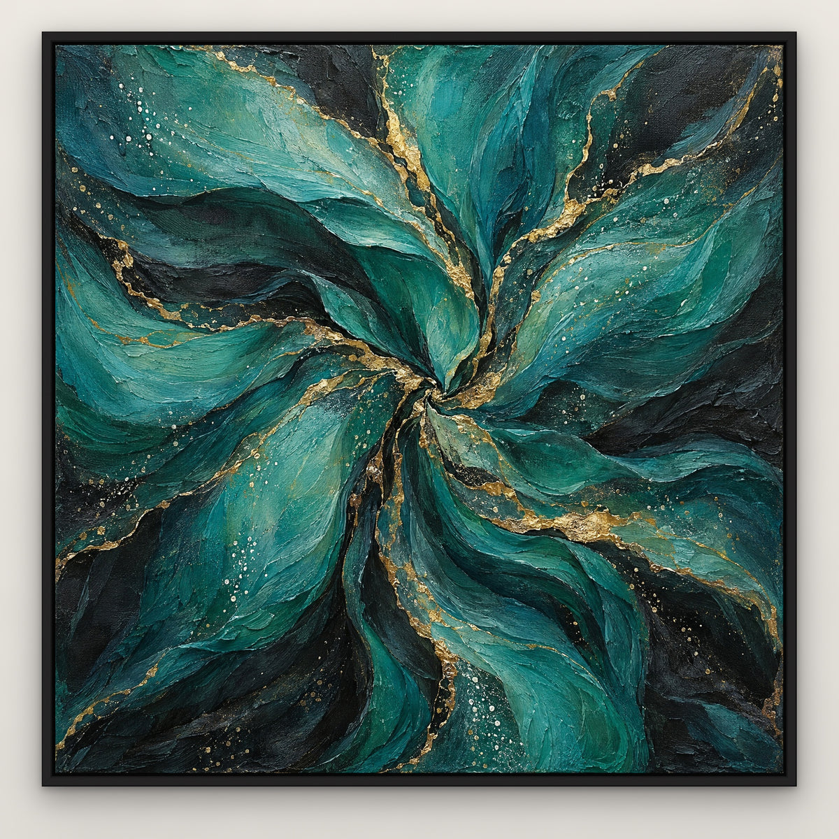 Teal Silk Gold Vein, abstract hand-painted canvas wall art in a slim black float frame – Gallery 23