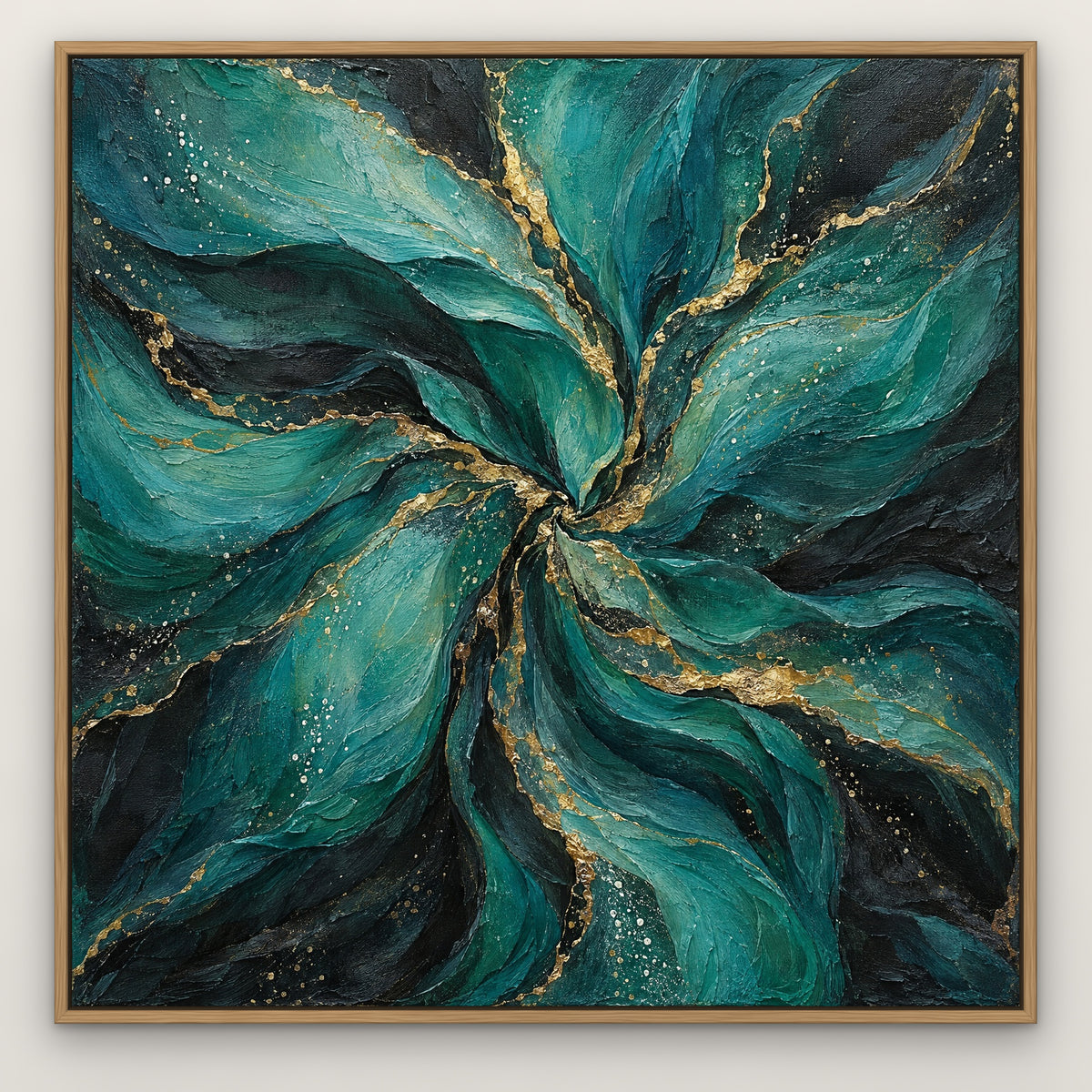 Teal Silk Gold Vein, abstract hand-painted canvas wall art in a slim oak float frame – Gallery 23