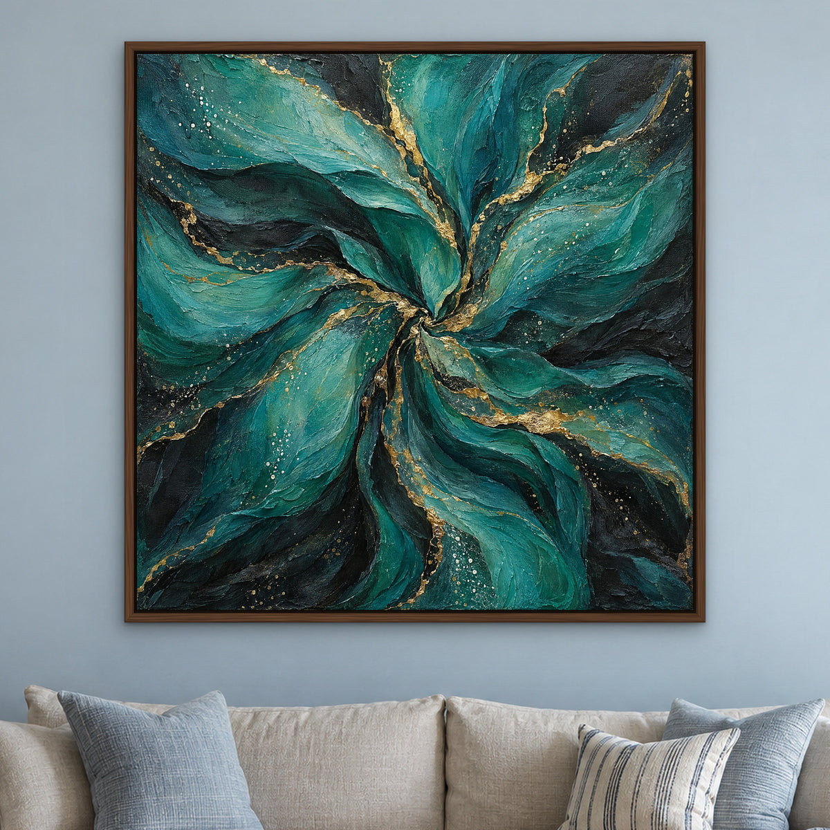 Teal Silk Gold Vein, abstract hand-painted canvas wall art in a living room – Gallery 23