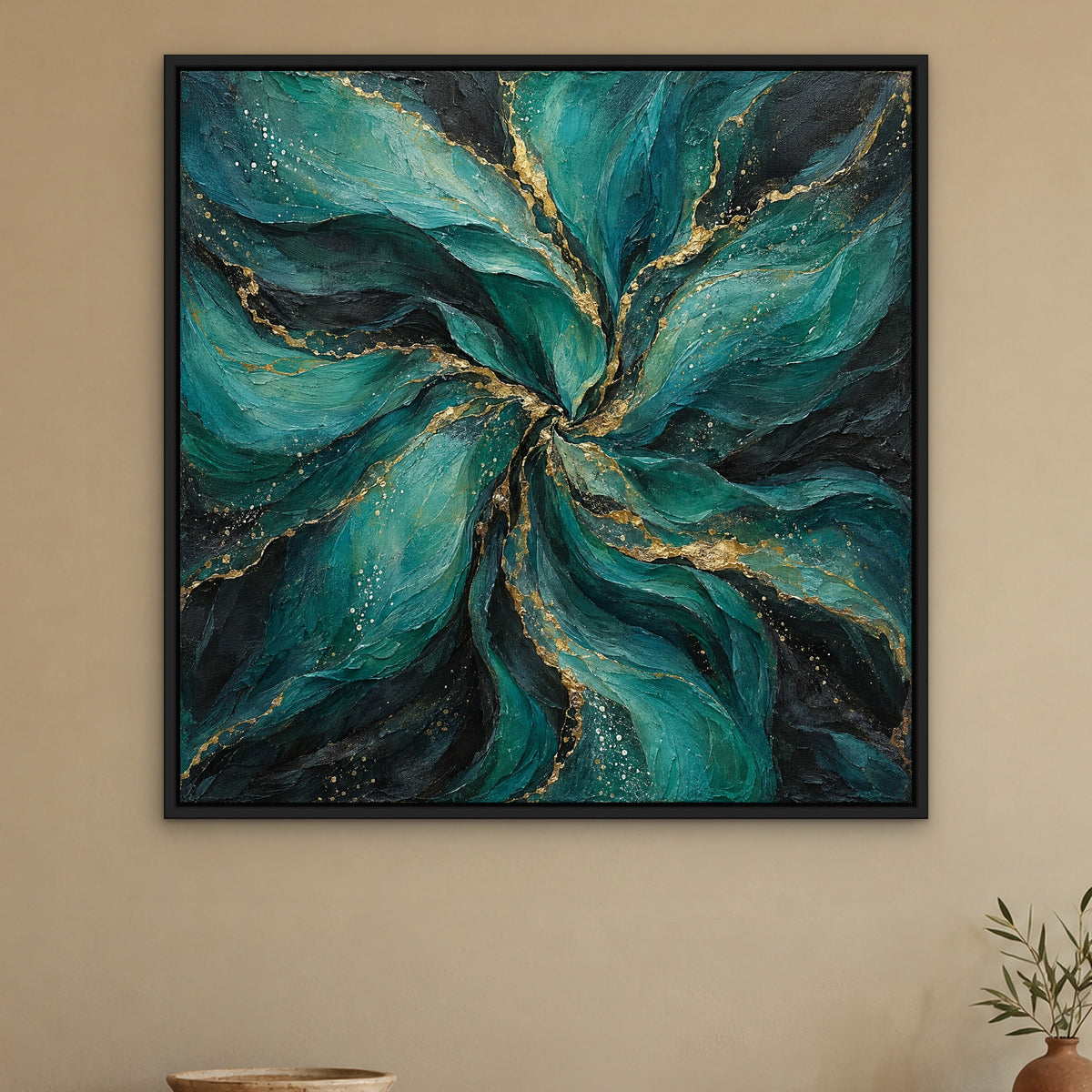 Teal Silk Gold Vein, abstract hand-painted canvas wall art in a hallway – Gallery 23