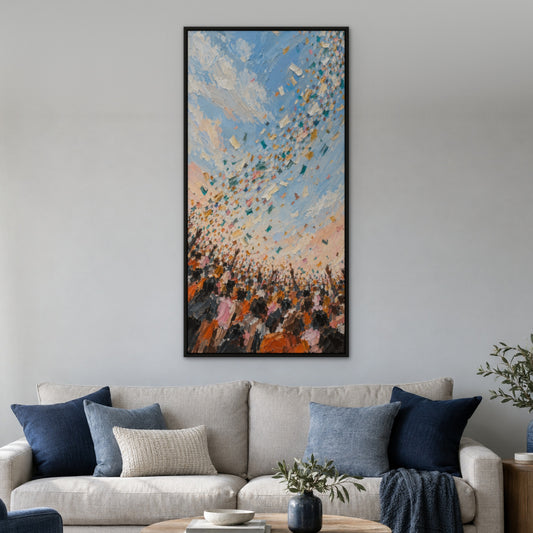 Confetti Crowd, neutral abstract hand-painted canvas wall art in a living room – Gallery 23