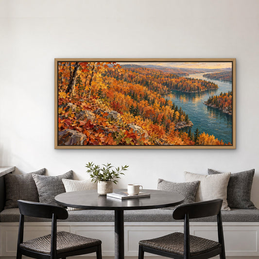 Copper Woodland Lake, teal landscape hand-painted canvas wall art in a kitchen nook – Gallery 23