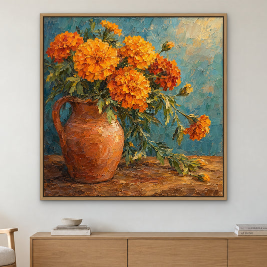 Marigold Bouquet, teal floral hand-painted canvas wall art in a living room – Gallery 23