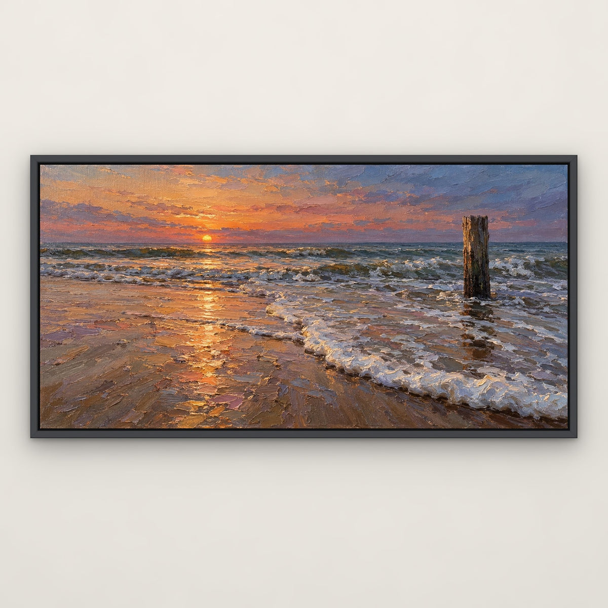 Evening Tide Glow, blue seascape hand-painted canvas wall art in a slim dark grey float frame – Gallery 23
