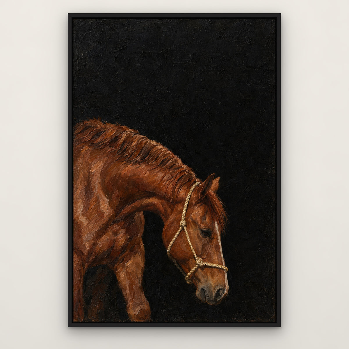 Chestnut Halter, brown animal hand-painted canvas wall art in a slim black float frame – Gallery 23