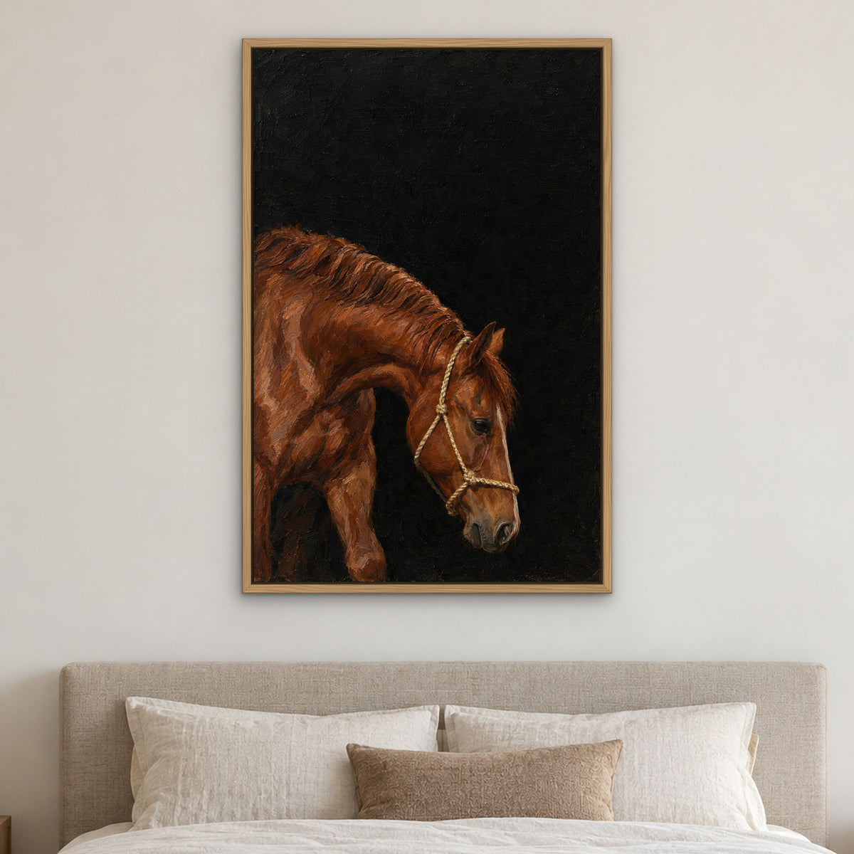 Chestnut Halter, brown animal hand-painted canvas wall art in a bedroom – Gallery 23