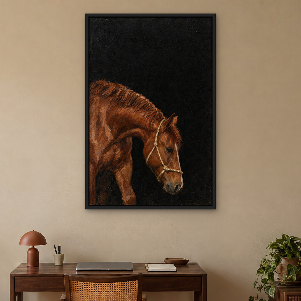 Chestnut Halter, brown animal hand-painted canvas wall art in a home office – Gallery 23