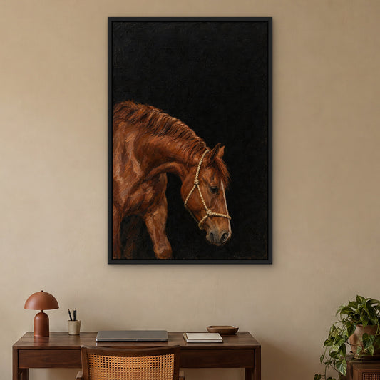 Chestnut Halter, brown animal hand-painted canvas wall art in a home office – Gallery 23