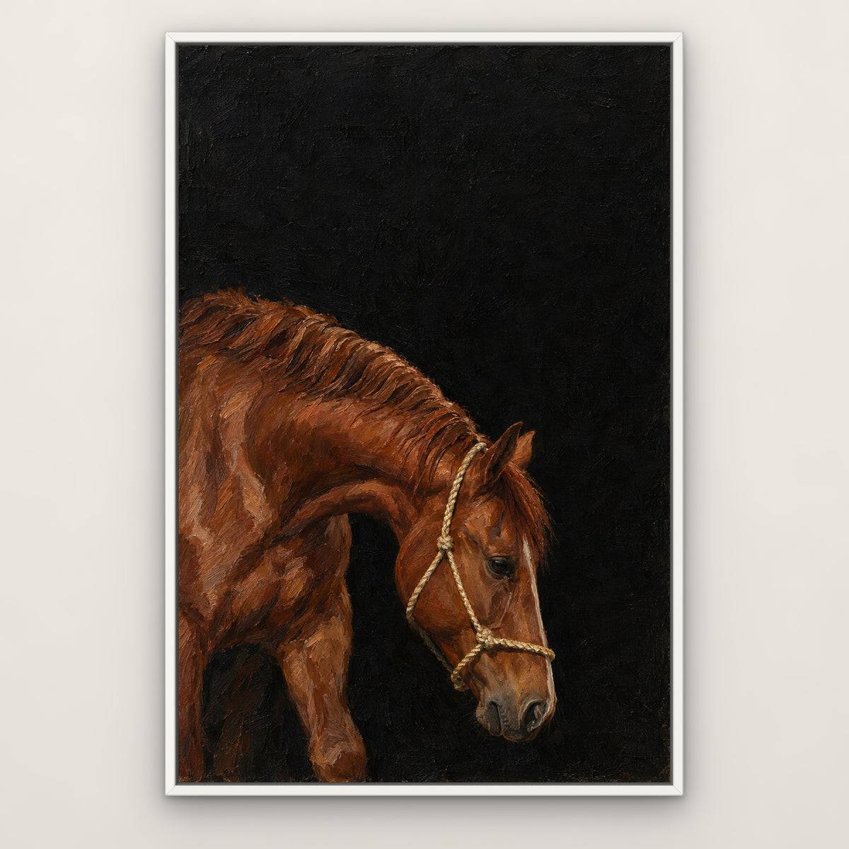 Chestnut Halter, brown animal hand-painted canvas wall art in a slim white float frame – Gallery 23