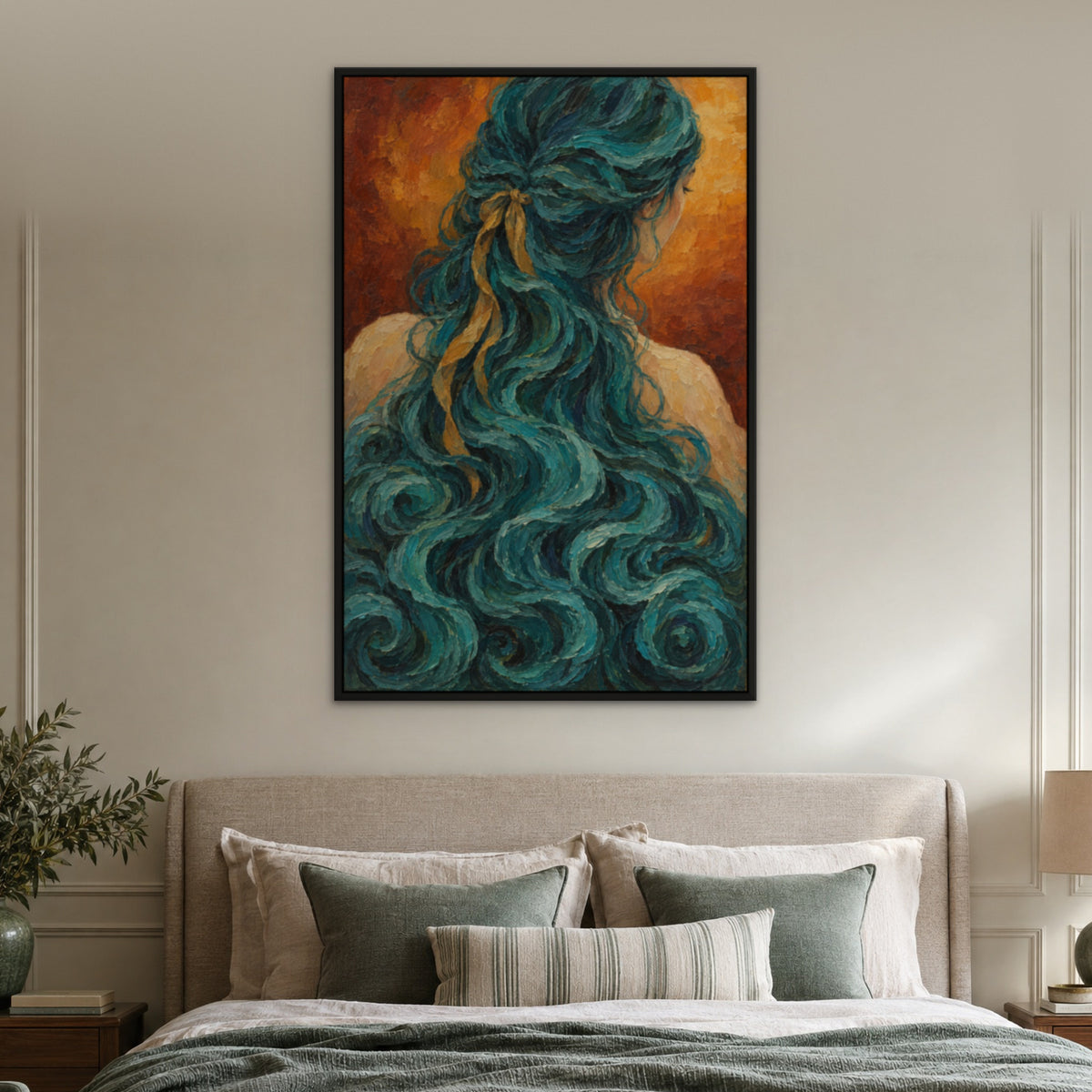Turquoise Tresses, blue pop art hand-painted canvas wall art in a bedroom – Gallery 23