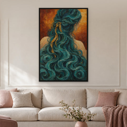Turquoise Tresses, blue pop art hand-painted canvas wall art in a living room – Gallery 23