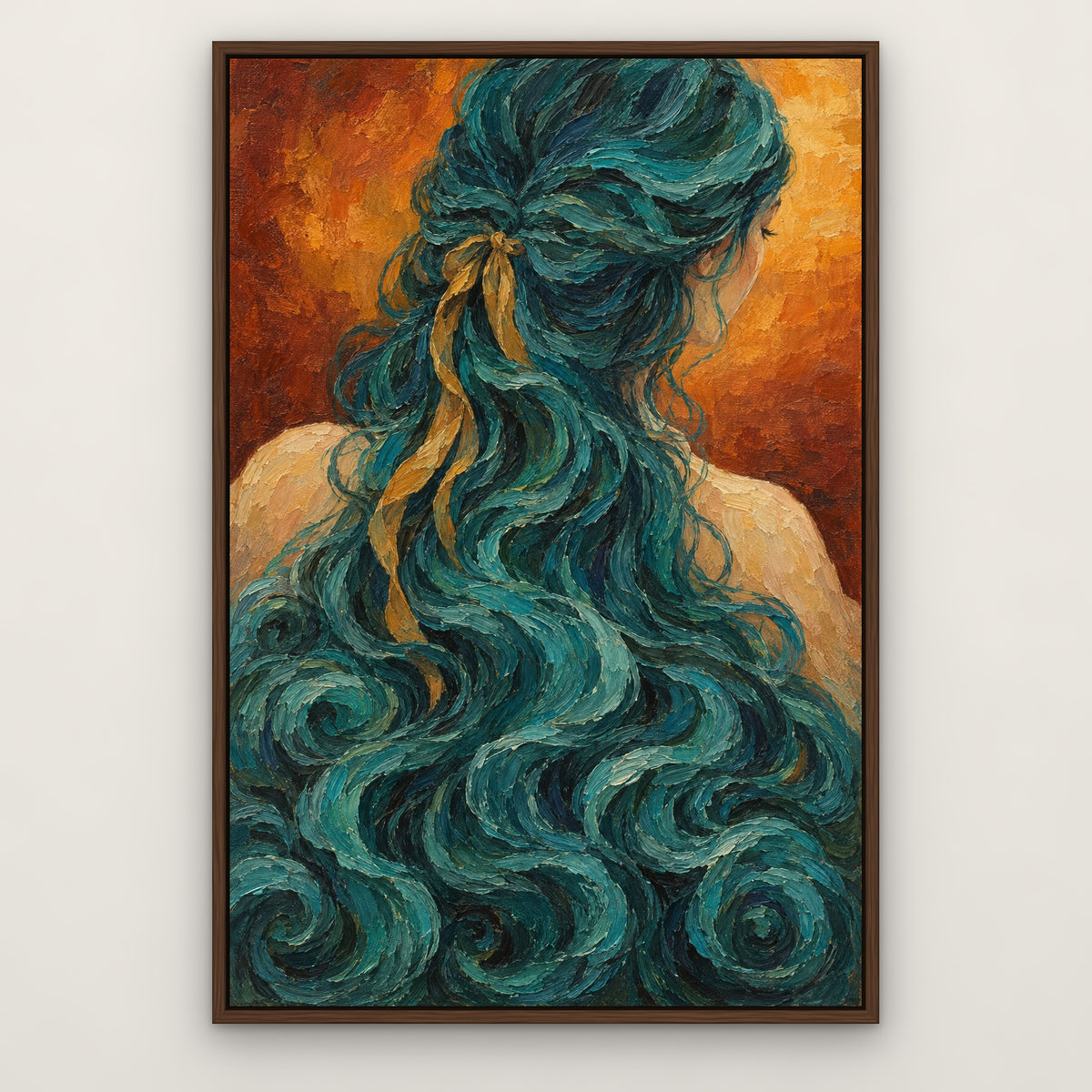 Turquoise Tresses, blue pop art hand-painted canvas wall art in a slim walnut float frame – Gallery 23