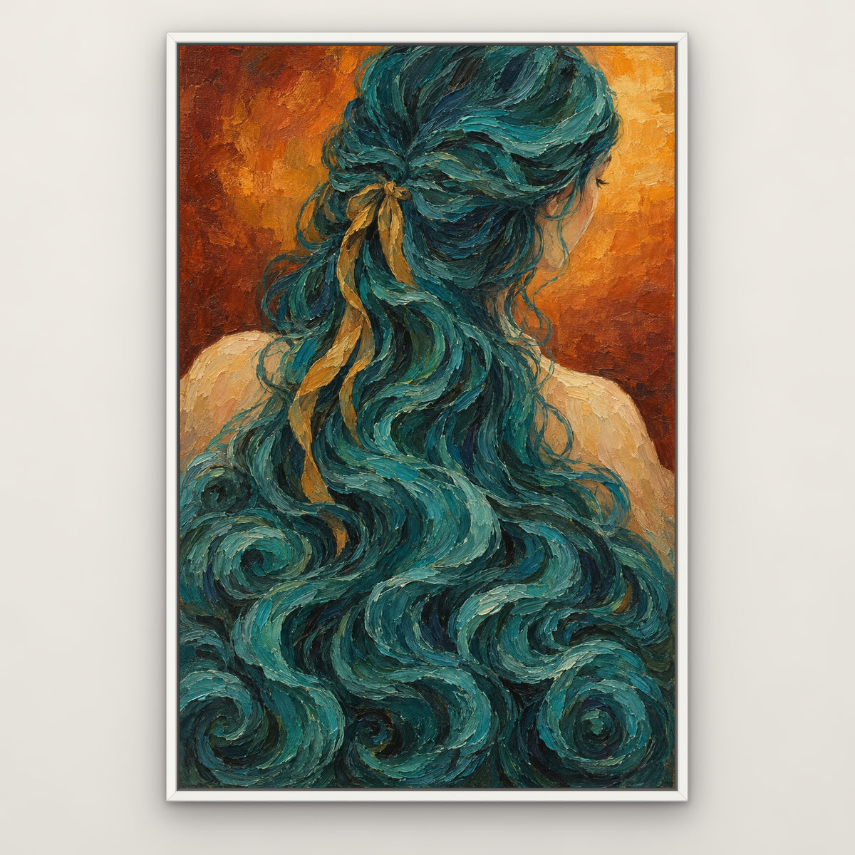 Turquoise Tresses, blue pop art hand-painted canvas wall art in a slim white float frame – Gallery 23