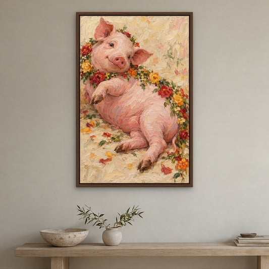 Garland Piglet, pink animal hand-painted canvas wall art in a hallway – Gallery 23