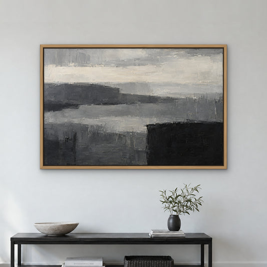 Monochrome Planes, grey abstract hand-painted canvas wall art in a hallway – Gallery 23