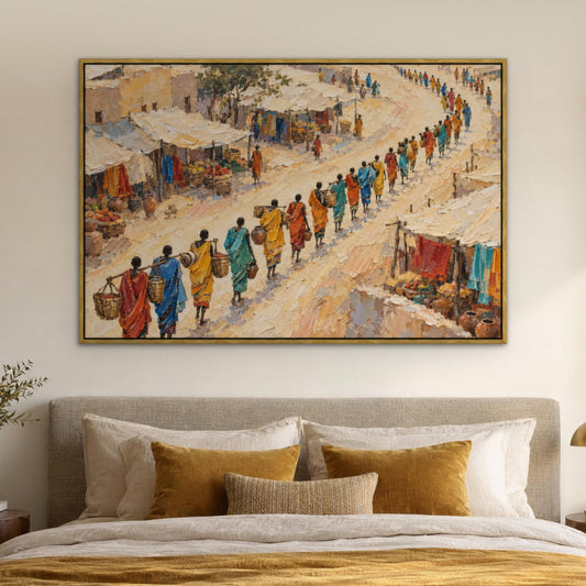 Market Procession, colourful figurative hand-painted canvas wall art in a bedroom – Gallery 23