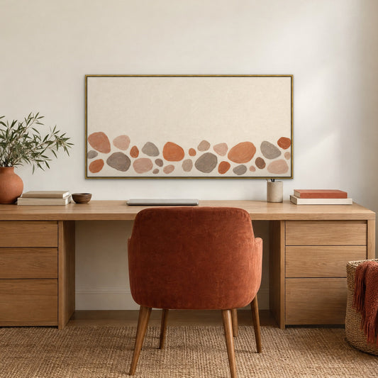 Terracotta Pebbles, orange abstract hand-painted canvas wall art in a home office – Gallery 23