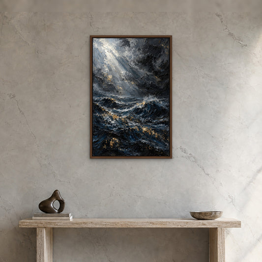 Midnight Squall, gold abstract hand-painted canvas wall art in a hallway – Gallery 23