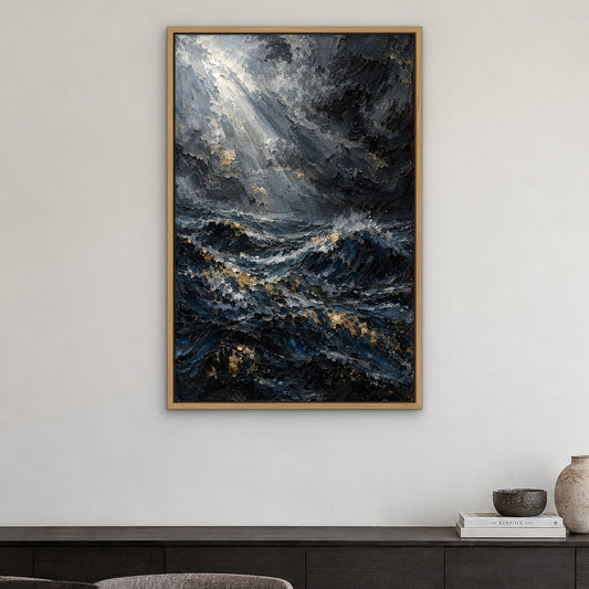 Midnight Squall, gold abstract hand-painted canvas wall art in a dining room – Gallery 23