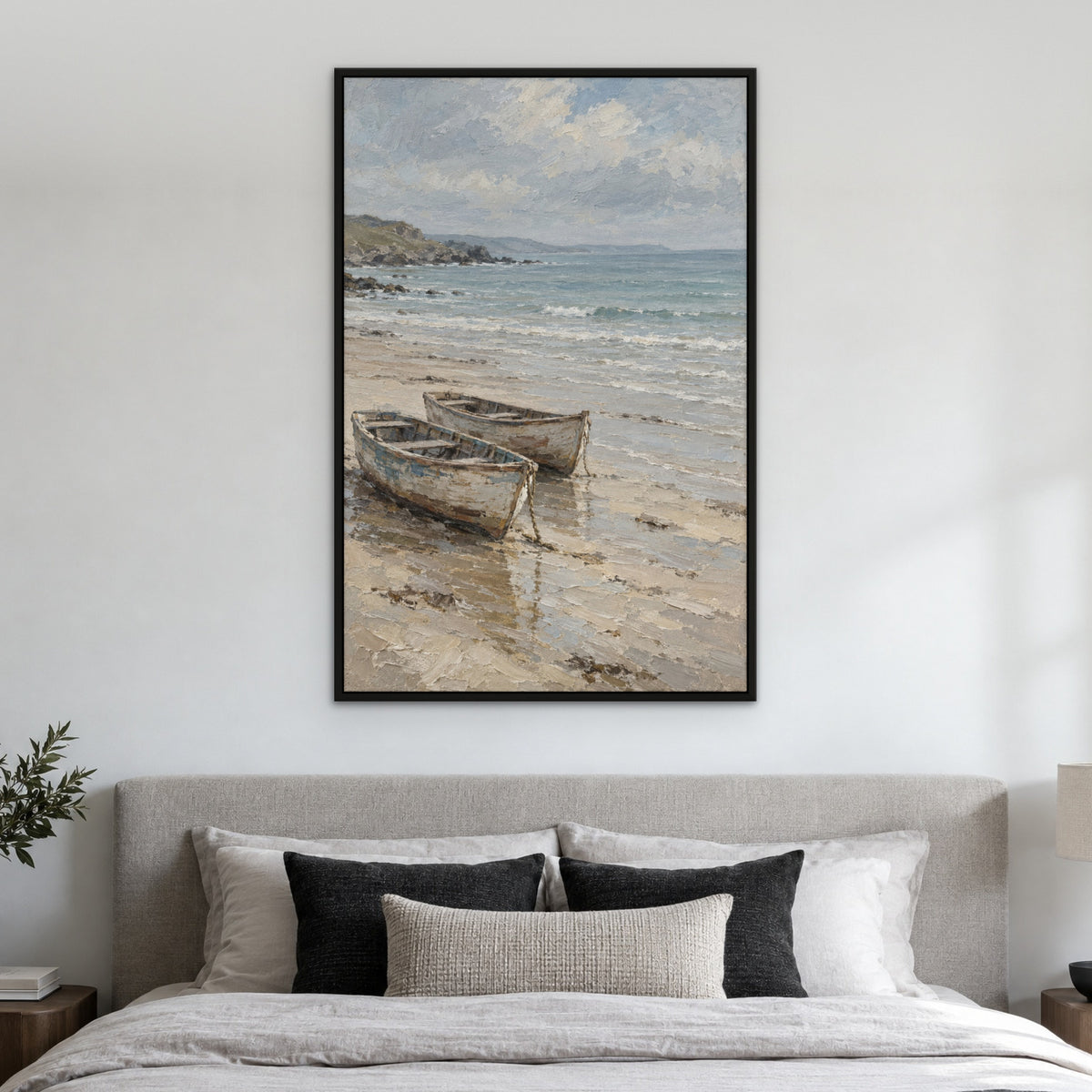 Beached Pair of Boats, blue seascape hand-painted canvas wall art in a bedroom – Gallery 23