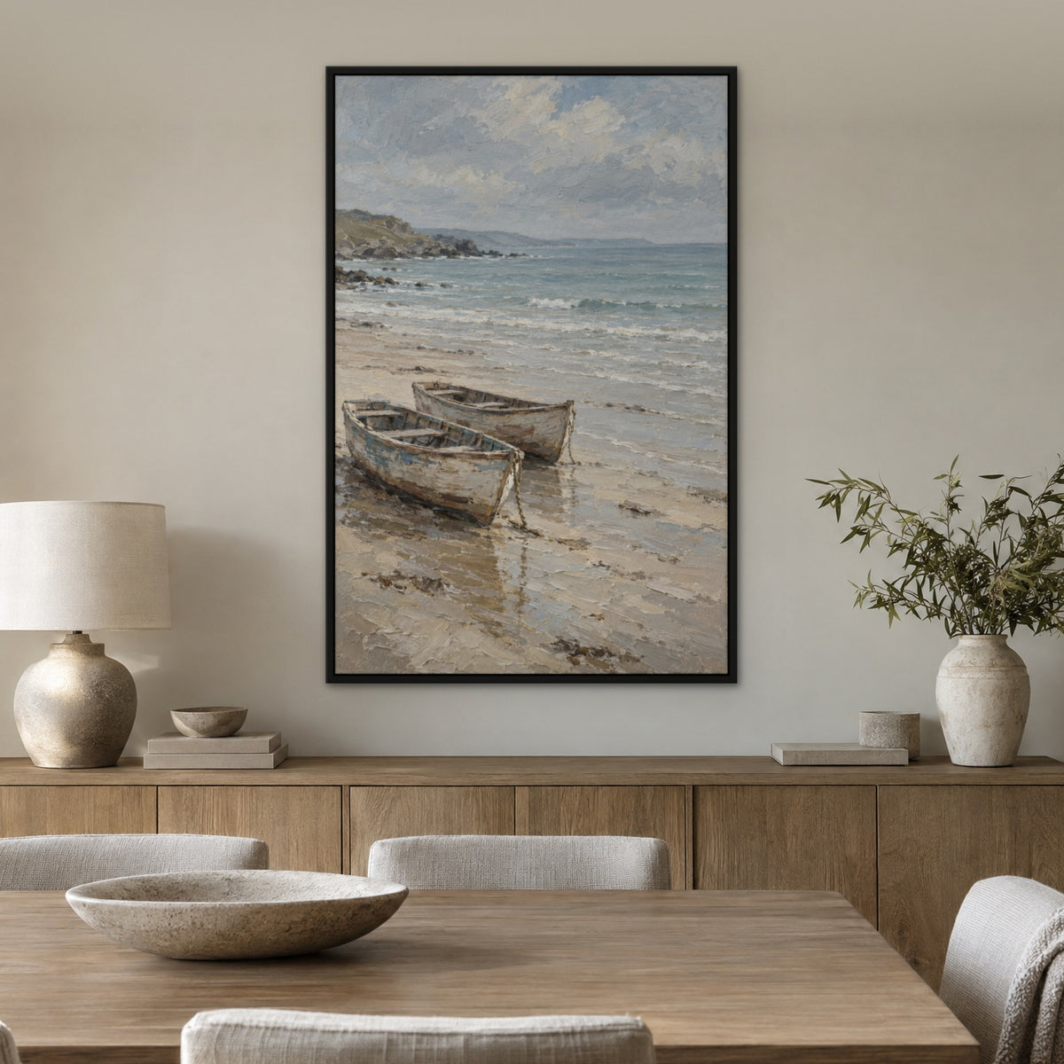 Beached Pair of Boats, blue seascape hand-painted canvas wall art in a dining room – Gallery 23