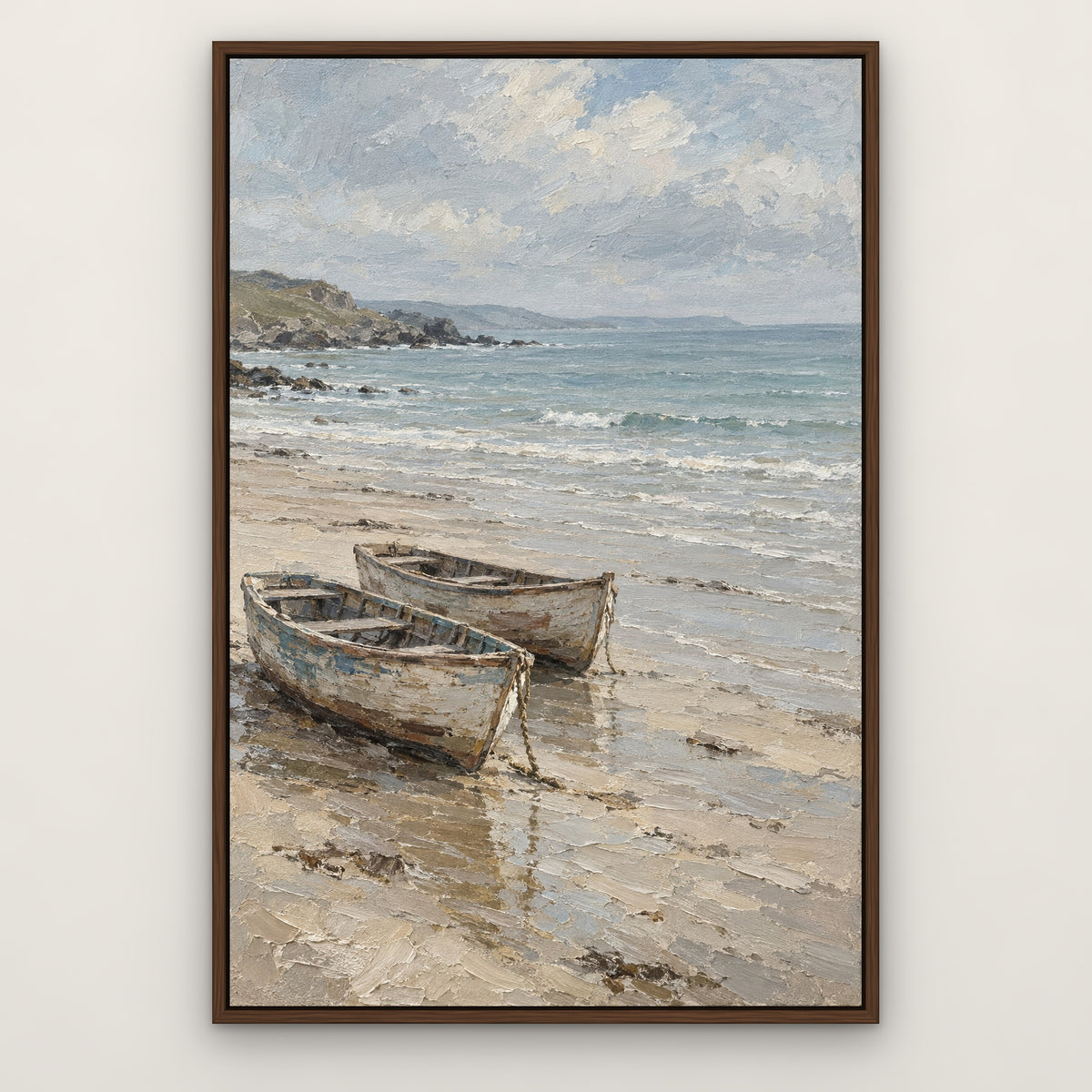 Beached Pair of Boats, blue seascape hand-painted canvas wall art in a slim walnut float frame – Gallery 23