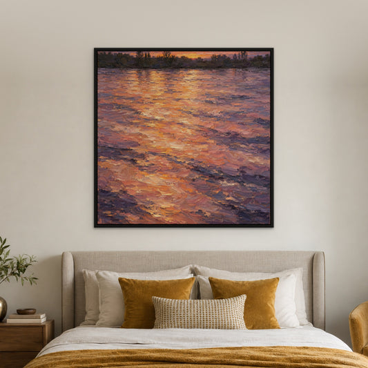 Twilight River Glow, blue abstract hand-painted canvas wall art in a bedroom – Gallery 23
