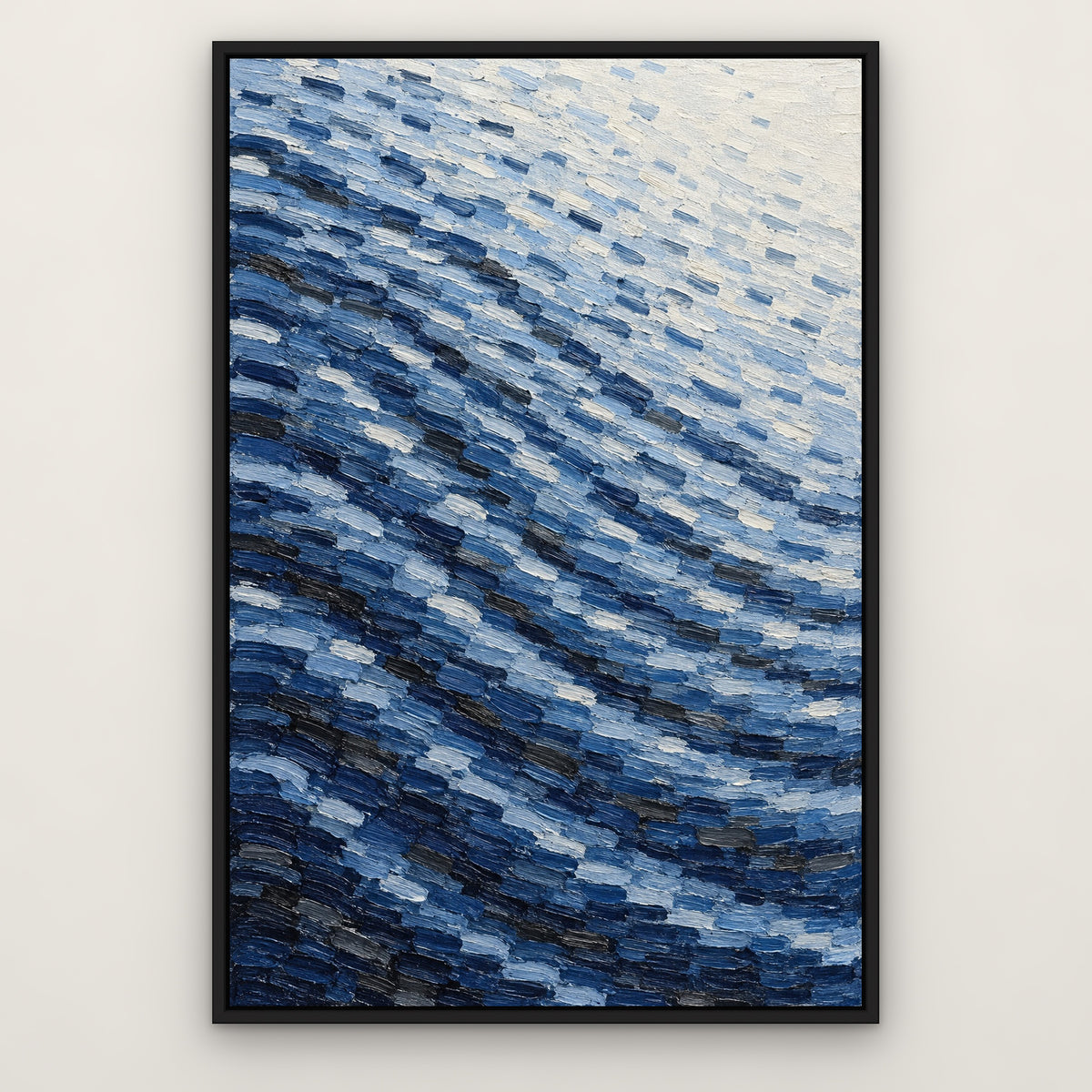 Indigo Rows, blue abstract hand-painted canvas wall art in a slim black float frame – Gallery 23