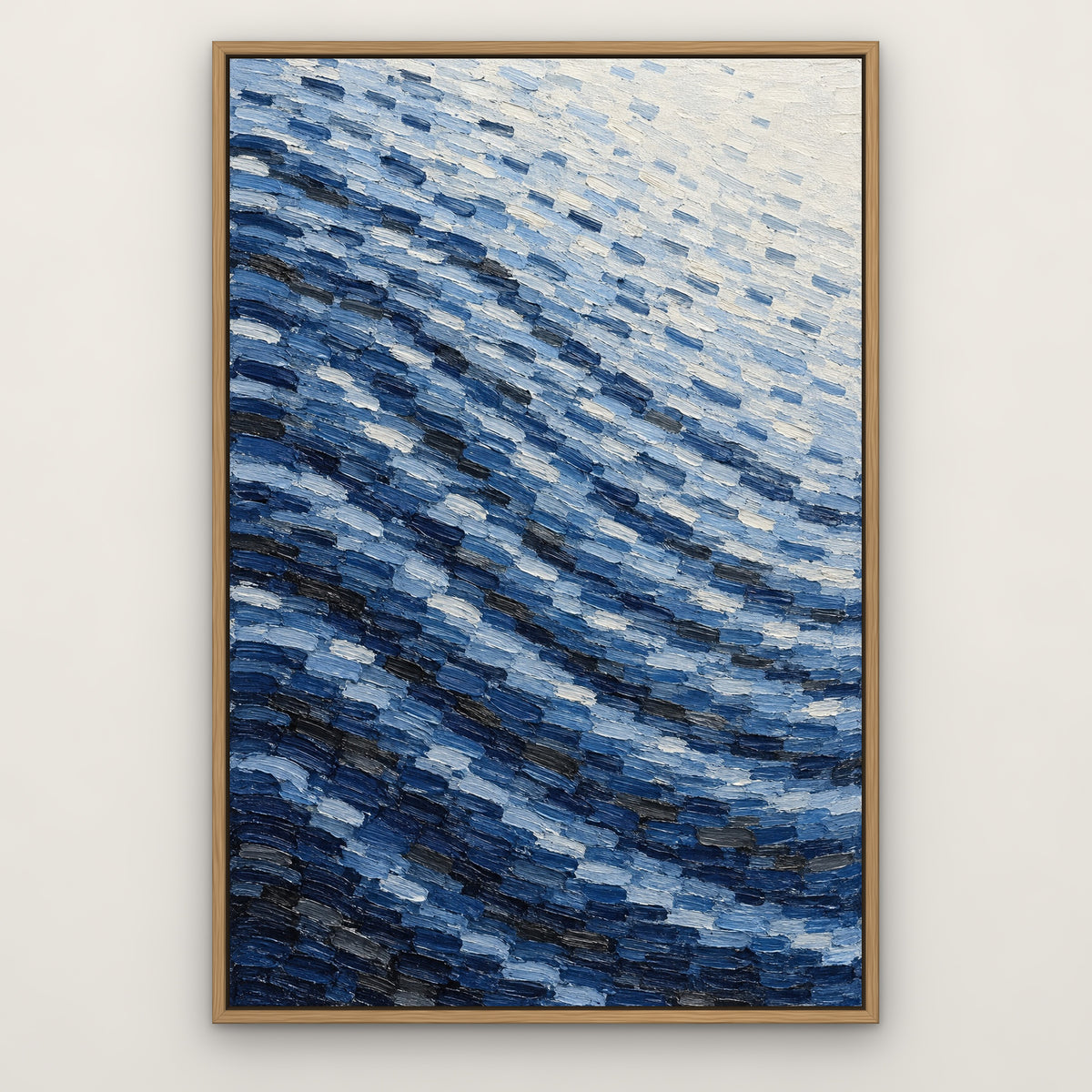 Indigo Rows, blue abstract hand-painted canvas wall art in a slim oak float frame – Gallery 23
