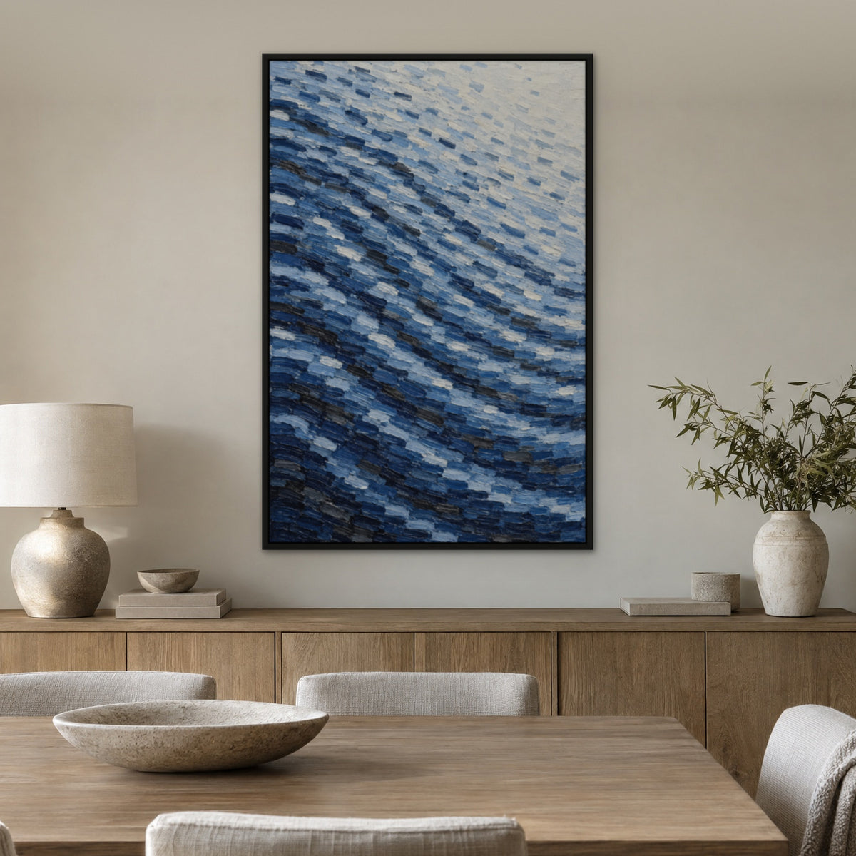 Indigo Rows, blue abstract hand-painted canvas wall art in a dining room – Gallery 23