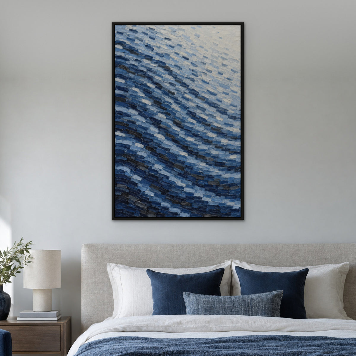 Indigo Rows, blue abstract hand-painted canvas wall art in a bedroom – Gallery 23