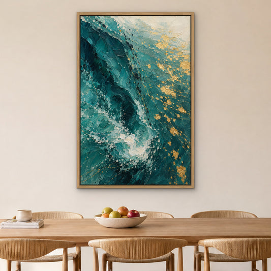 Teal Wave and Gold, abstract hand-painted canvas wall art in a dining room – Gallery 23