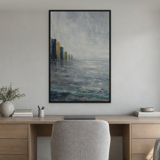 Teal Rain Panels, blue abstract hand-painted canvas wall art in a home office – Gallery 23