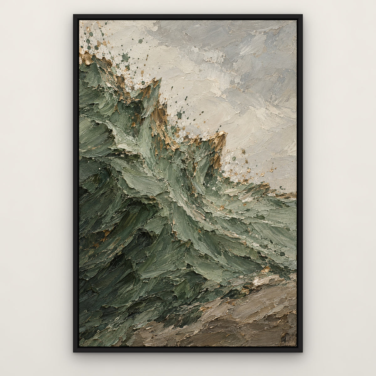 Sage Burst, blue abstract hand-painted canvas wall art in a slim black float frame – Gallery 23