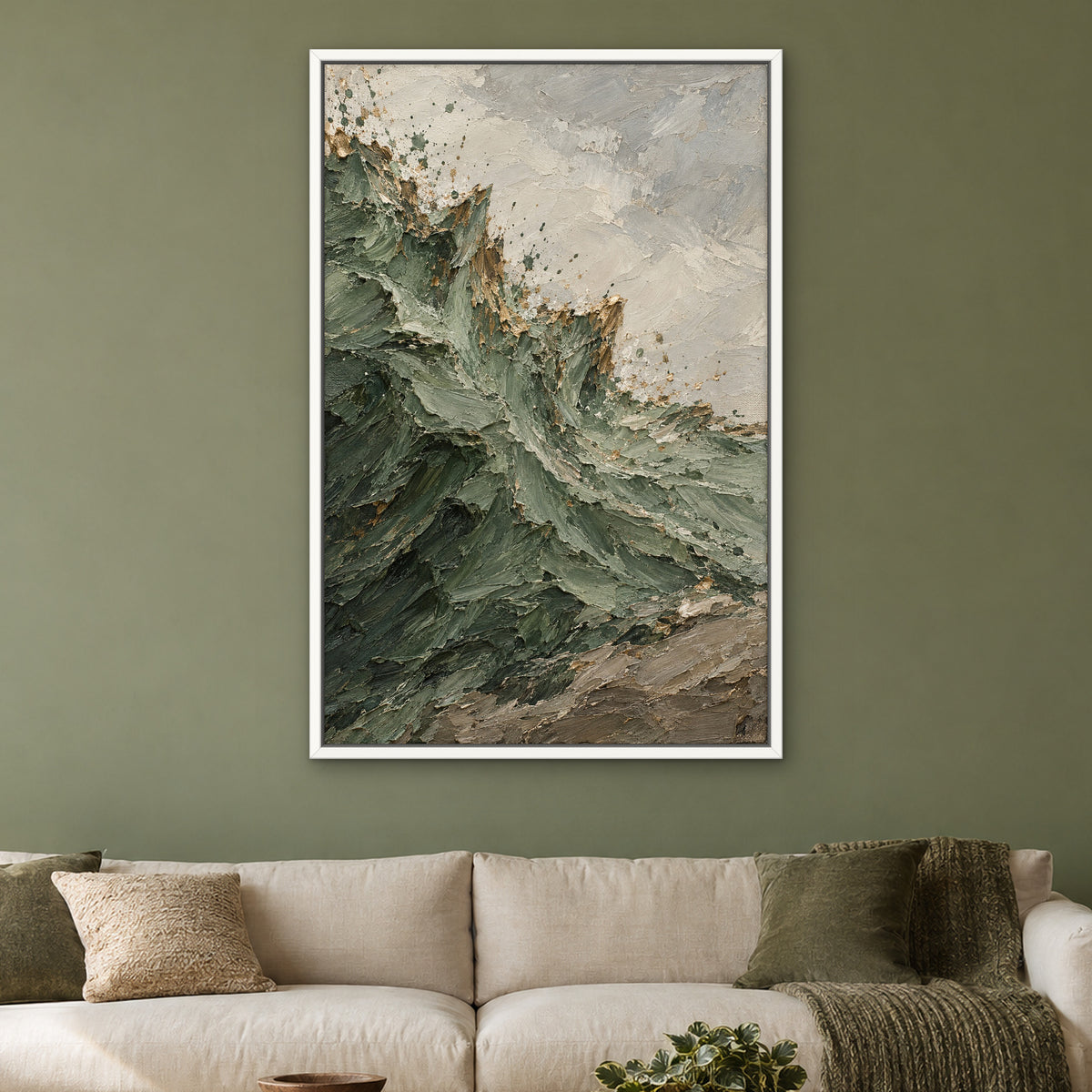 Sage Burst, blue abstract hand-painted canvas wall art in a living room – Gallery 23