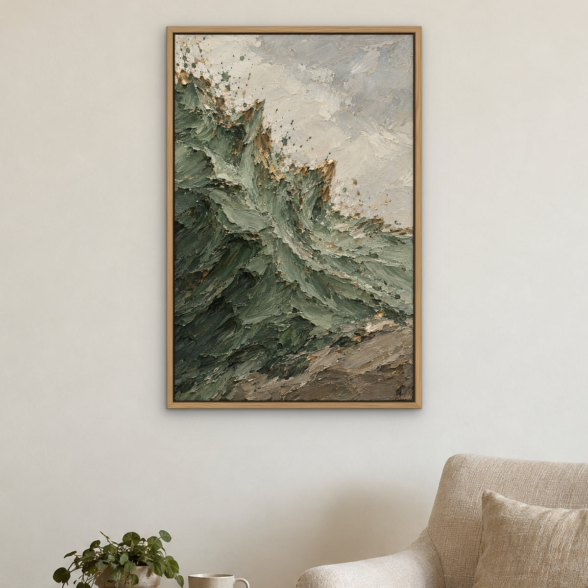 Sage Burst, blue abstract hand-painted canvas wall art in a reading corner – Gallery 23
