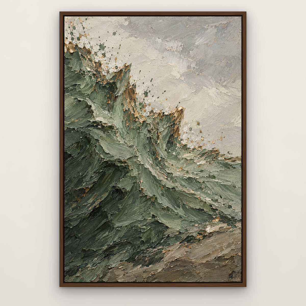 Sage Burst, blue abstract hand-painted canvas wall art in a slim walnut float frame – Gallery 23