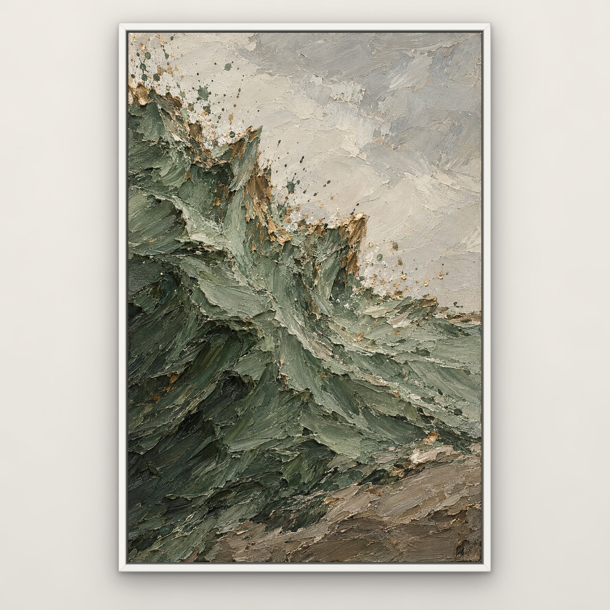 Sage Burst, blue abstract hand-painted canvas wall art in a slim white float frame – Gallery 23