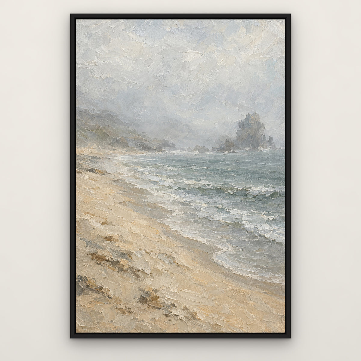 Pearl Sea Fog, neutral seascape hand-painted canvas wall art in a slim black float frame – Gallery 23