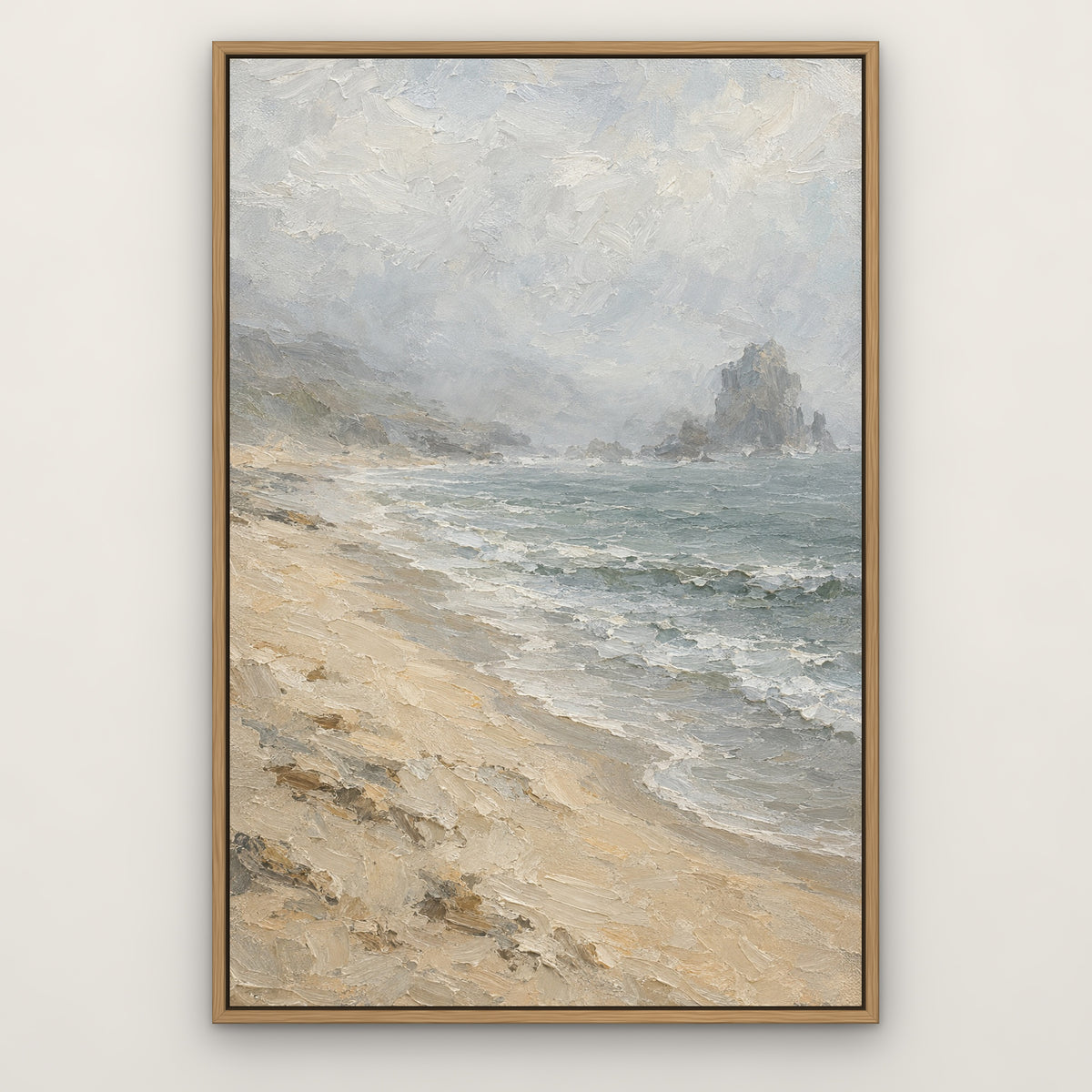Pearl Sea Fog, neutral seascape hand-painted canvas wall art in a slim oak float frame – Gallery 23
