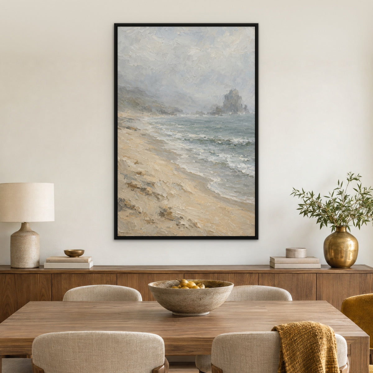 Pearl Sea Fog, neutral seascape hand-painted canvas wall art in a dining room – Gallery 23