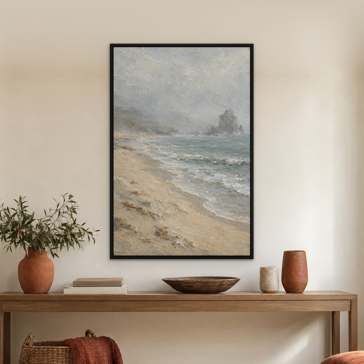 Pearl Sea Fog, neutral seascape hand-painted canvas wall art in a hallway – Gallery 23