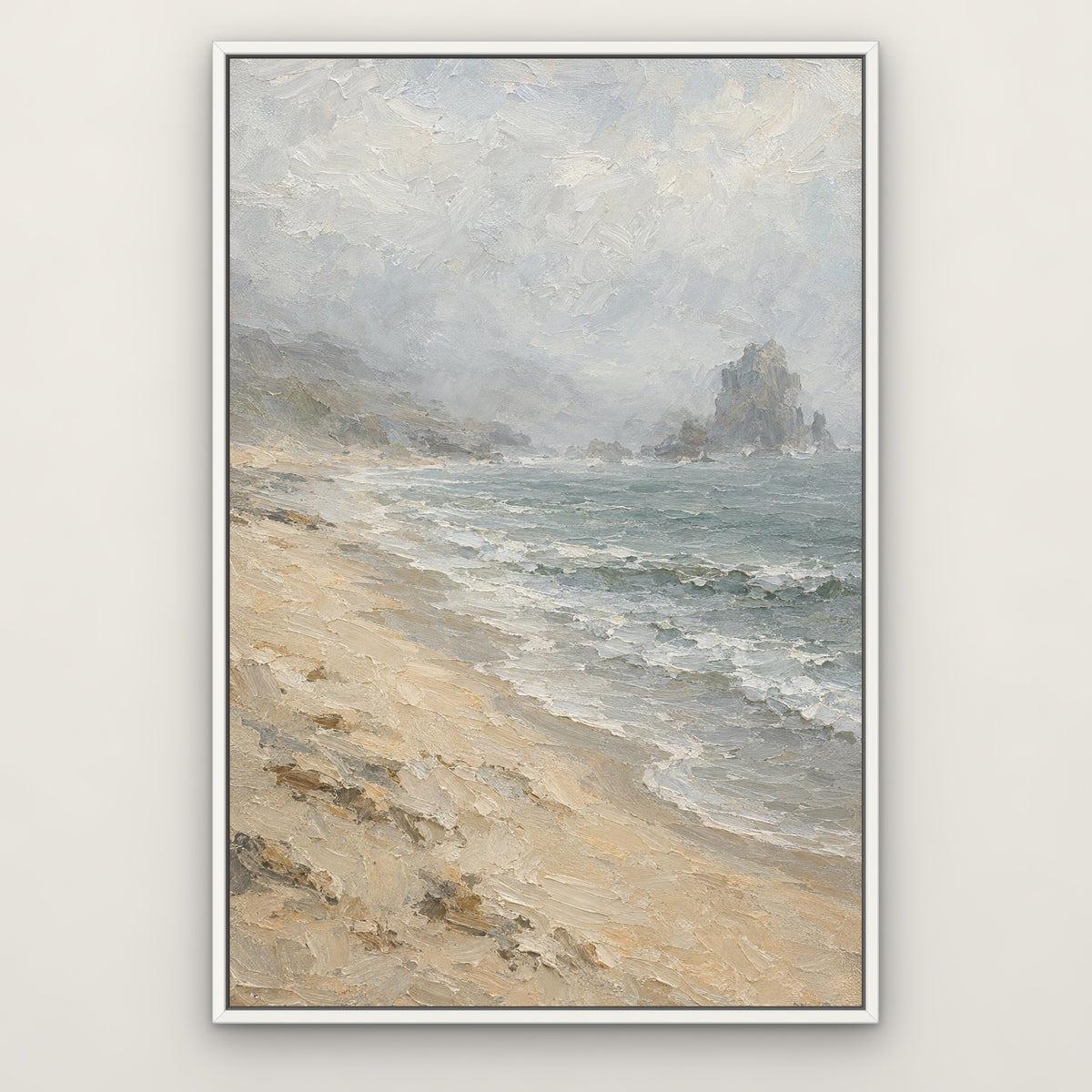 Pearl Sea Fog, neutral seascape hand-painted canvas wall art in a slim white float frame – Gallery 23